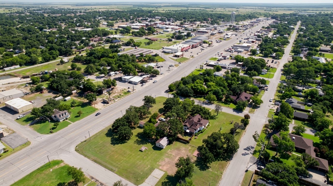 Aerial view of a suburban neighborhood with tree-lined streets, houses, and a busy road running through town