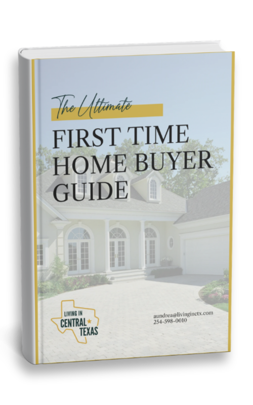 Book cover reading “The Ultimate First Time Home Buyer Guide” with a pale house illustration and Central Texas logo