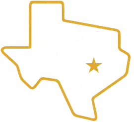 Gold outline of Texas with a gold star marking a location