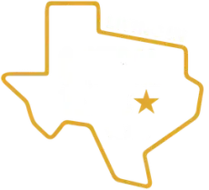 Gold outline of Texas with a gold star marking a location