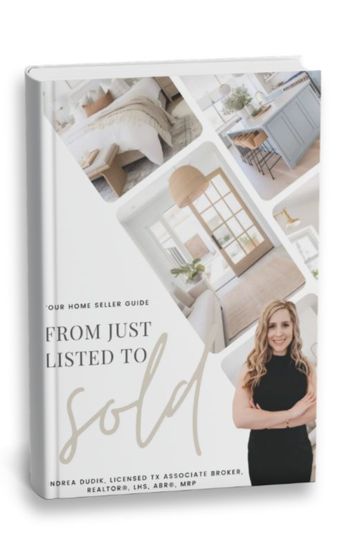 Book cover with white decor collage and the title &ldquo;From Just Listed to Sold&rdquo; with a woman pictured at bottom right