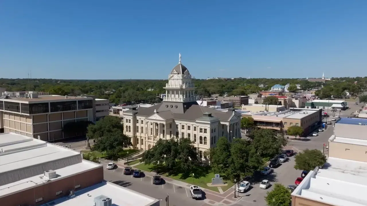 Aerial view of downtown with bell county courthouse and surrounding historic buildings