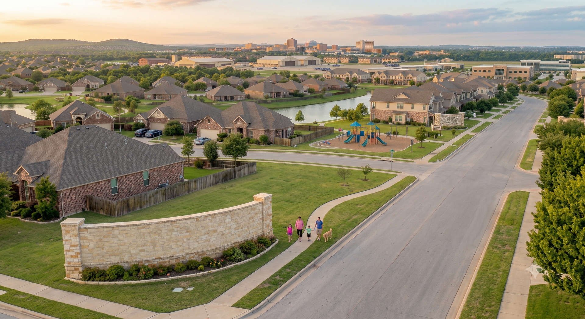 Aerial view of a suburban neighborhood with houses, winding streets, lawns, and distant hills at sunset