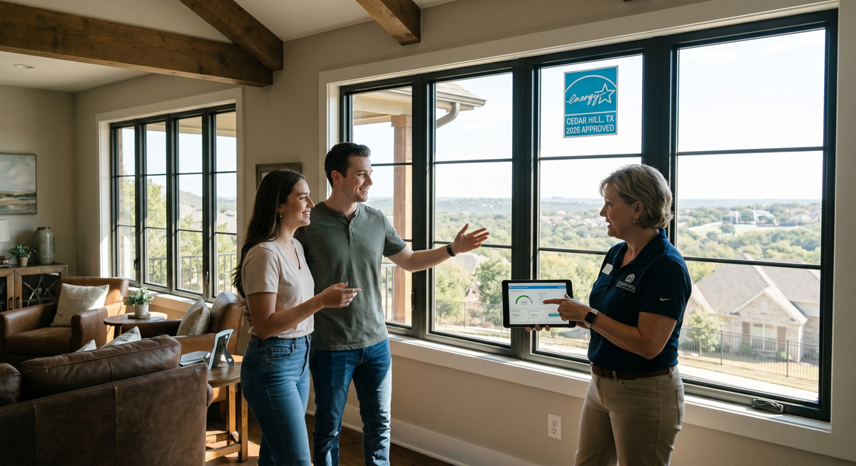 A real estate consultant points to a tablet screen while talking to a young couple in front of a wall of windows inside a modern home. The consultant wears a blue polo with a logo, and the couple are dressed in casual t-shirts and blue jeans. On one window pane, a sticker reads