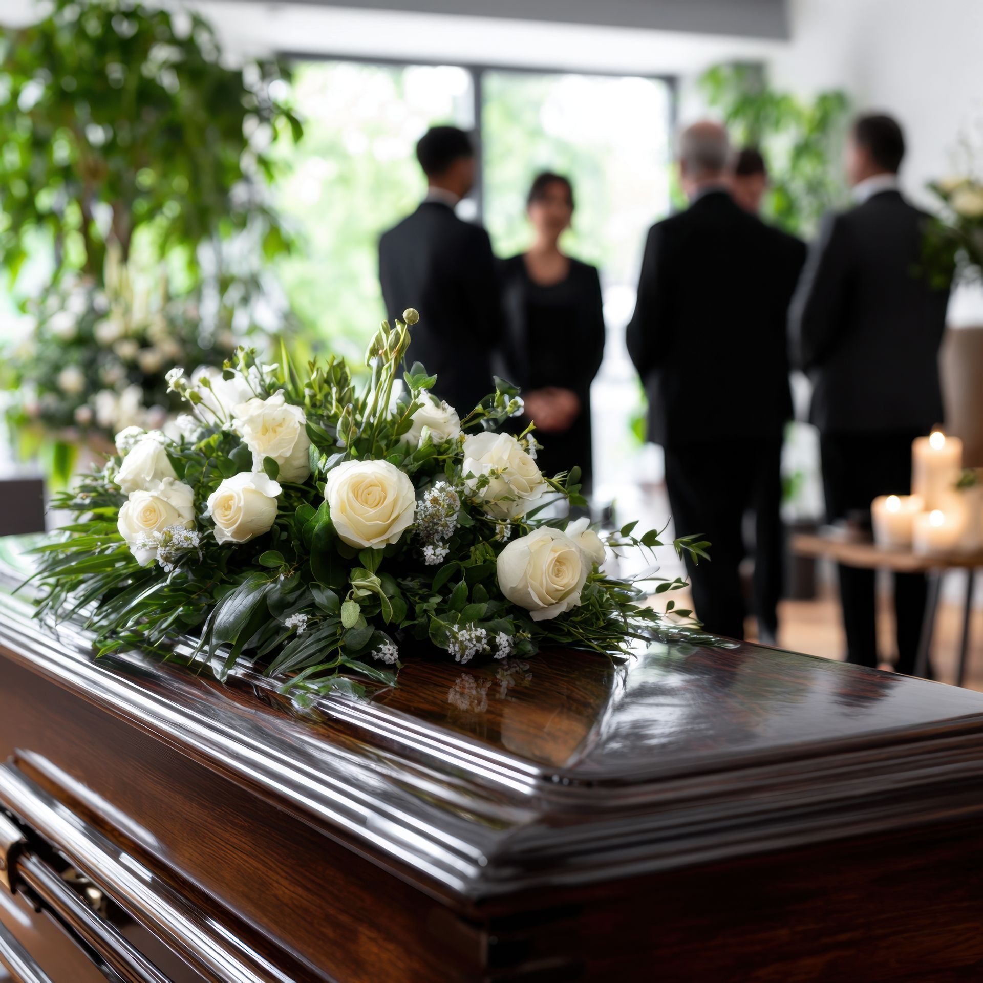 White rose and greenery spray atop a polished dark wood casket as mourners in black gather nearby.