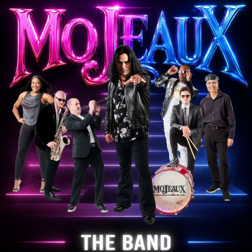 Mojeaux band promo image with six performers on a purple stage and the title “THE BAND”