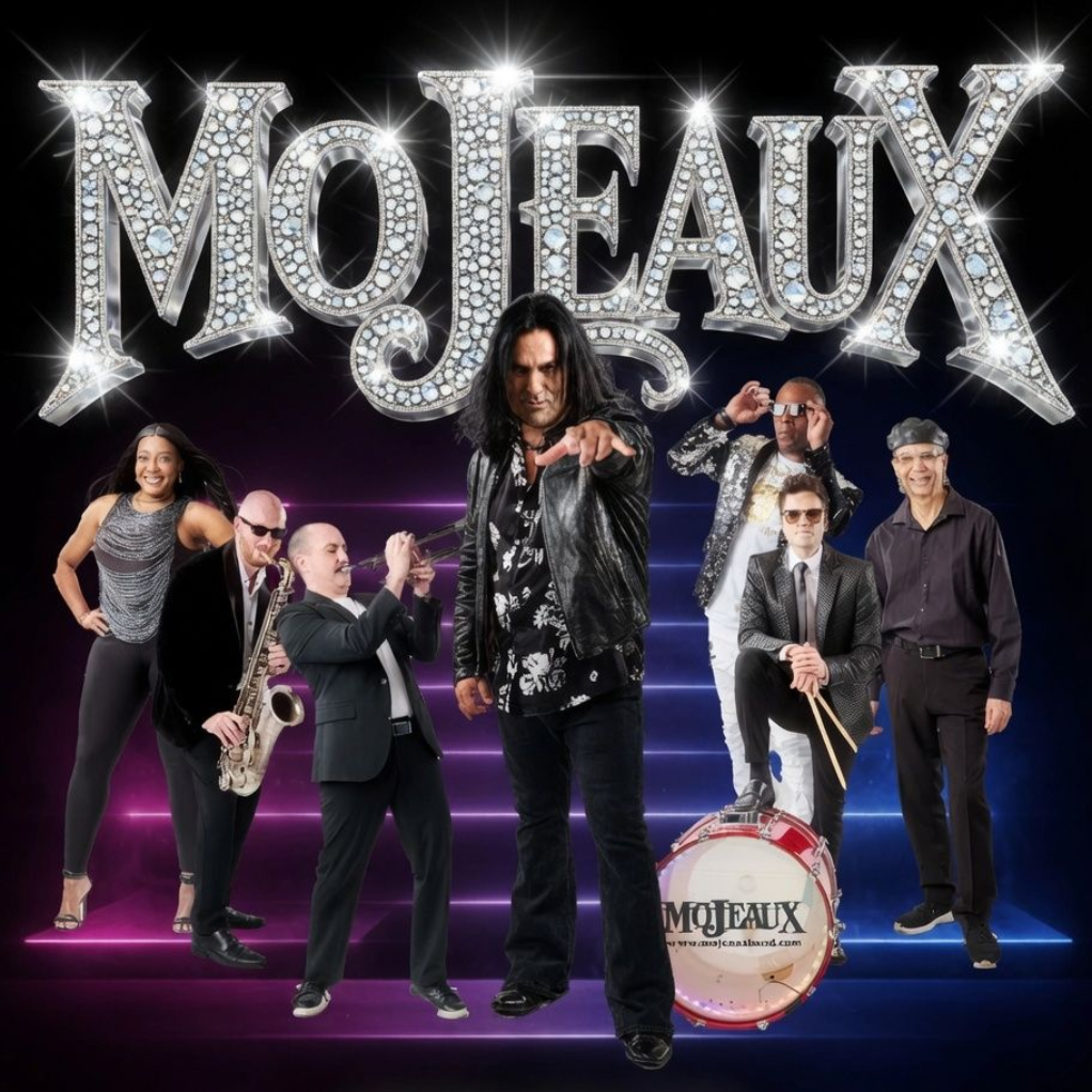 Mojoaux band members pose on a purple-lit stage beneath a glittering 