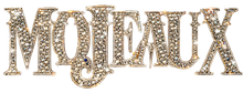 Sparkly gold stylized “MODAUX” text on a white background