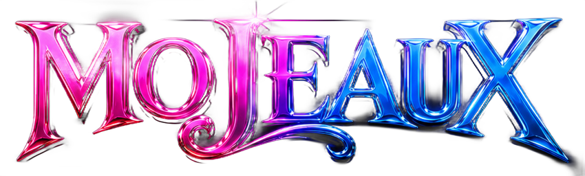 Pink-to-blue stylized text reading “MOJEAUX” on a white background.