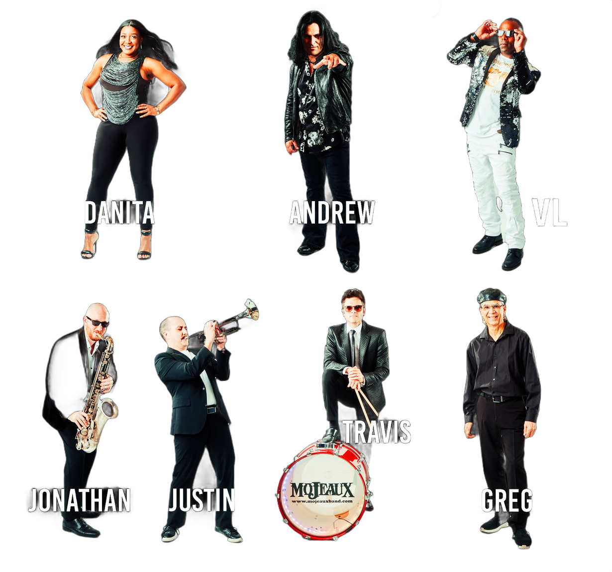 Group of seven musicians posing on a white background, each labeled with their name.