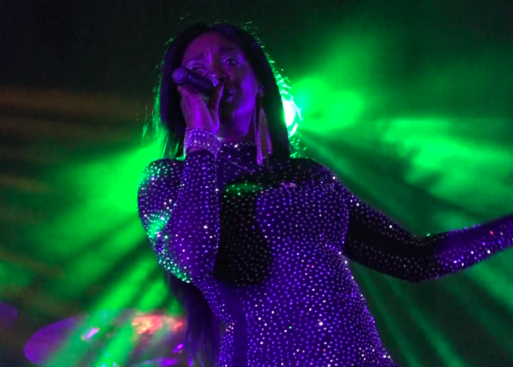 Singer performing on stage under green and purple lights, holding a microphone.