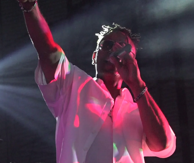 Singer performing on stage, holding a microphone under pink and purple concert lights