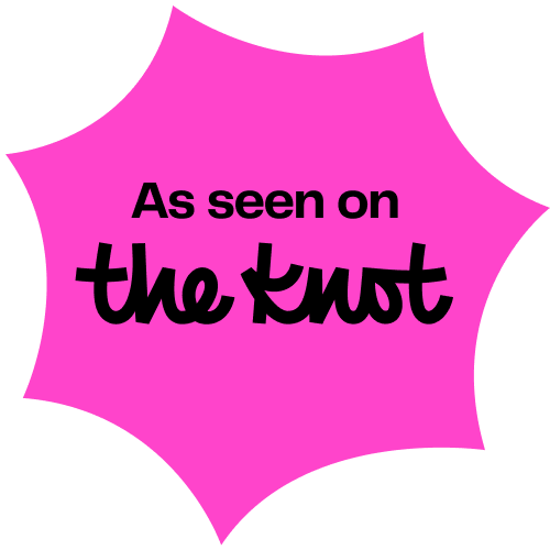 Pink starburst badge with “As seen on the knot” text.