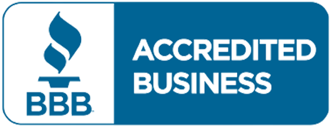 BBB Accredited Business logo in blue and white with torch icon and bold text