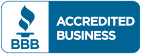 BBB Accredited Business logo in blue and white with torch icon and bold text