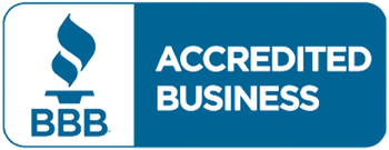 BBB Accredited Business logo in blue and white with torch icon and bold text