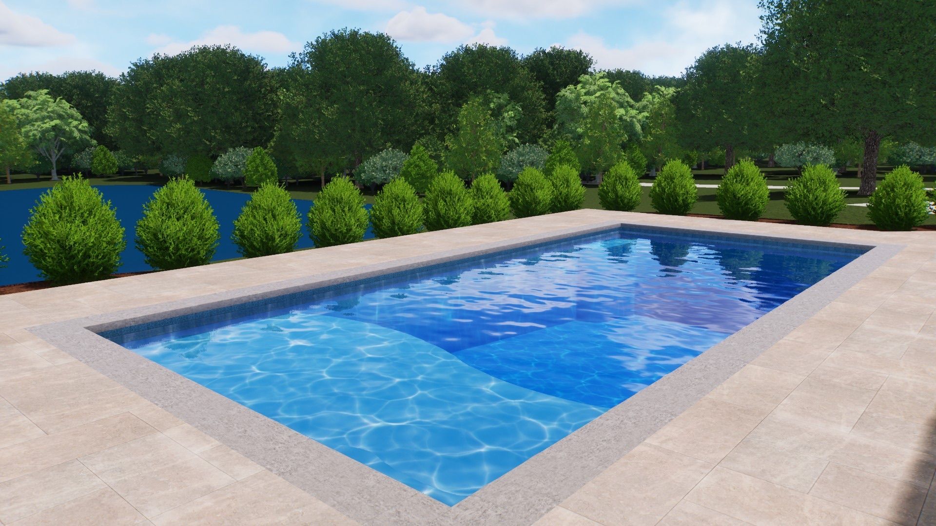 A large swimming pool is surrounded by bushes and trees.