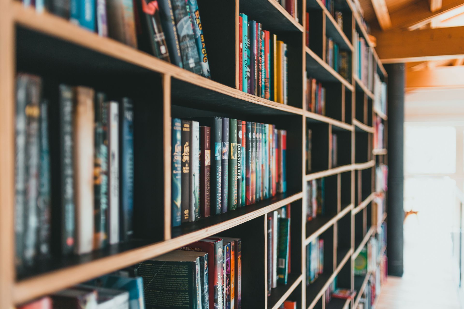 Bookshelves lining a sunlit library hallway with colorful books and bright light at the end