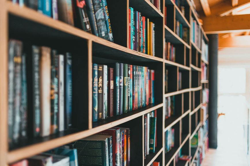 Bookshelves lining a sunlit library hallway with colorful books and bright light at the end