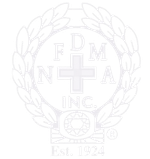 FDM+A Inc. logo in light gray with laurel wreath, cross, and