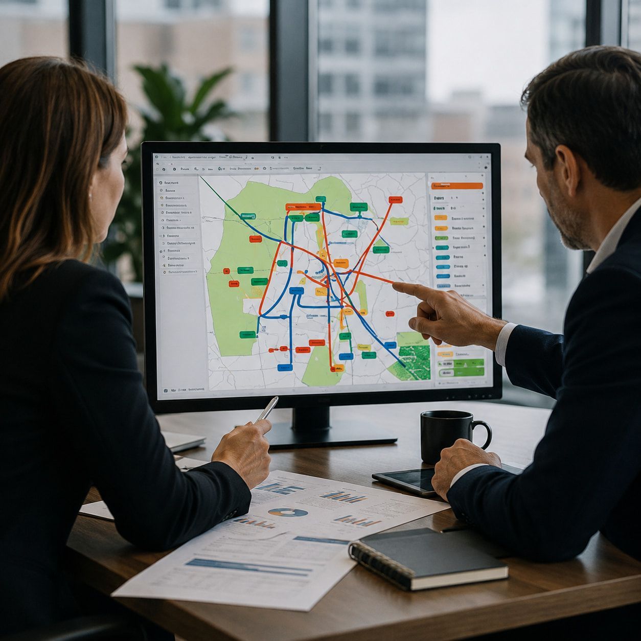 Durante uma reunião no escritório, dois colegas discutem um mapa colorido de rotas em um monitor de computador.