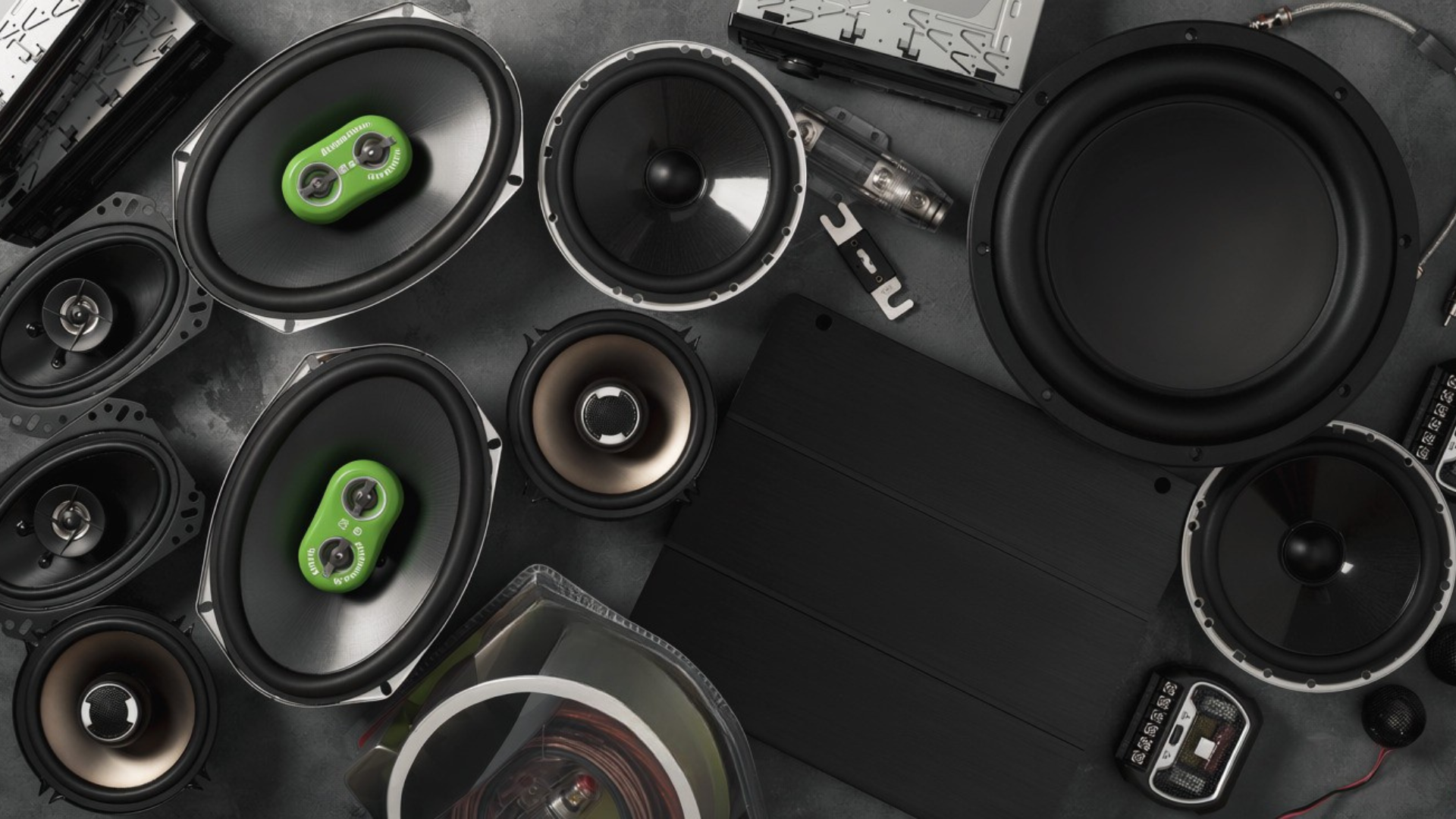 Assorted black car audio speakers and subwoofers arranged on a dark surface, with two green oval speakers.