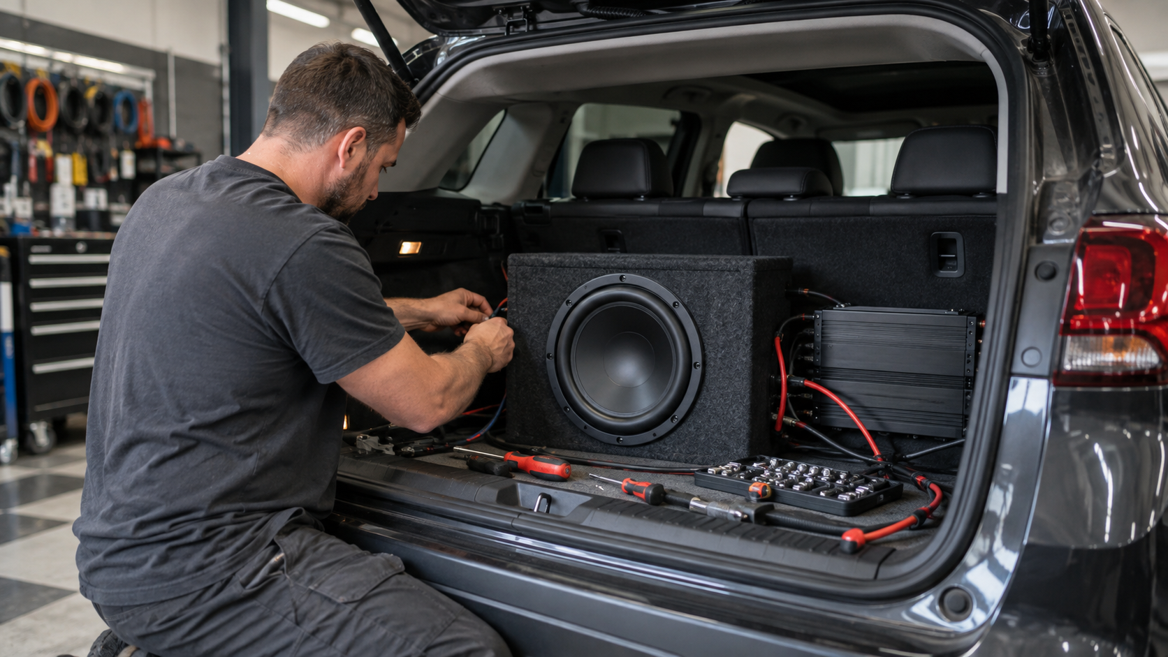 Man installing a large subwoofer and wiring in the back of a black SUV