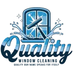 Logo: Blue window with a squeegee, water splashes, and "Quality Window Cleaning" text.