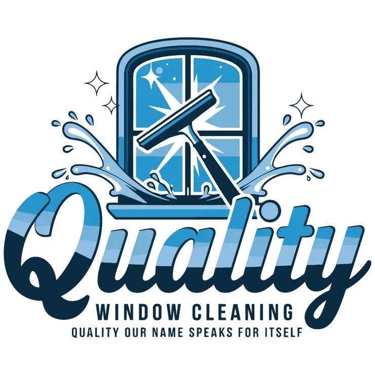 Logo: Blue window with a squeegee, water splashes, and "Quality Window Cleaning" text.