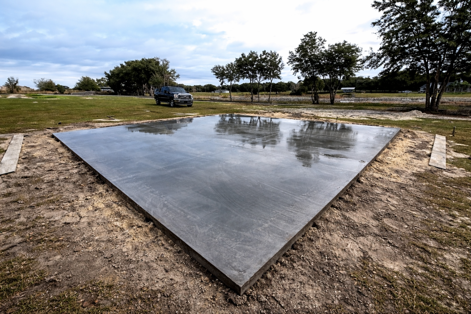 Triangular concrete pad in a grassy field, reflecting sky. Car in the background.