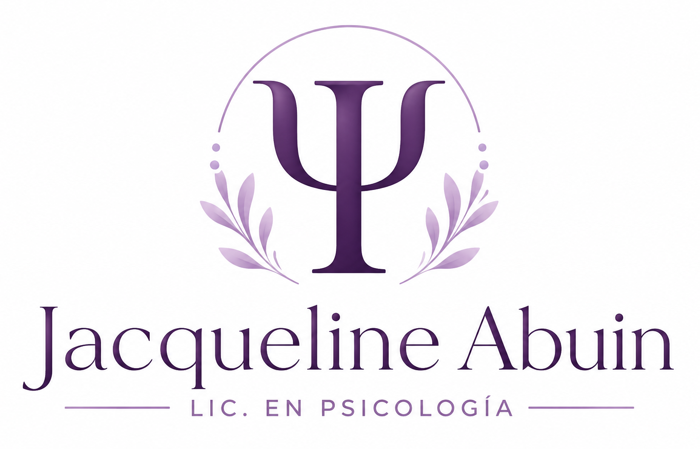 Logotipo de psicología de Jacqueline Abuin en color púrpura con el símbolo psi y una corona de laurel.