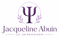 Logotipo de psicología de Jacqueline Abuin en color púrpura con el símbolo psi y una corona de laurel.
