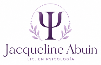 Logotipo de psicología de Jacqueline Abuin en color púrpura con el símbolo psi y una corona de laurel.