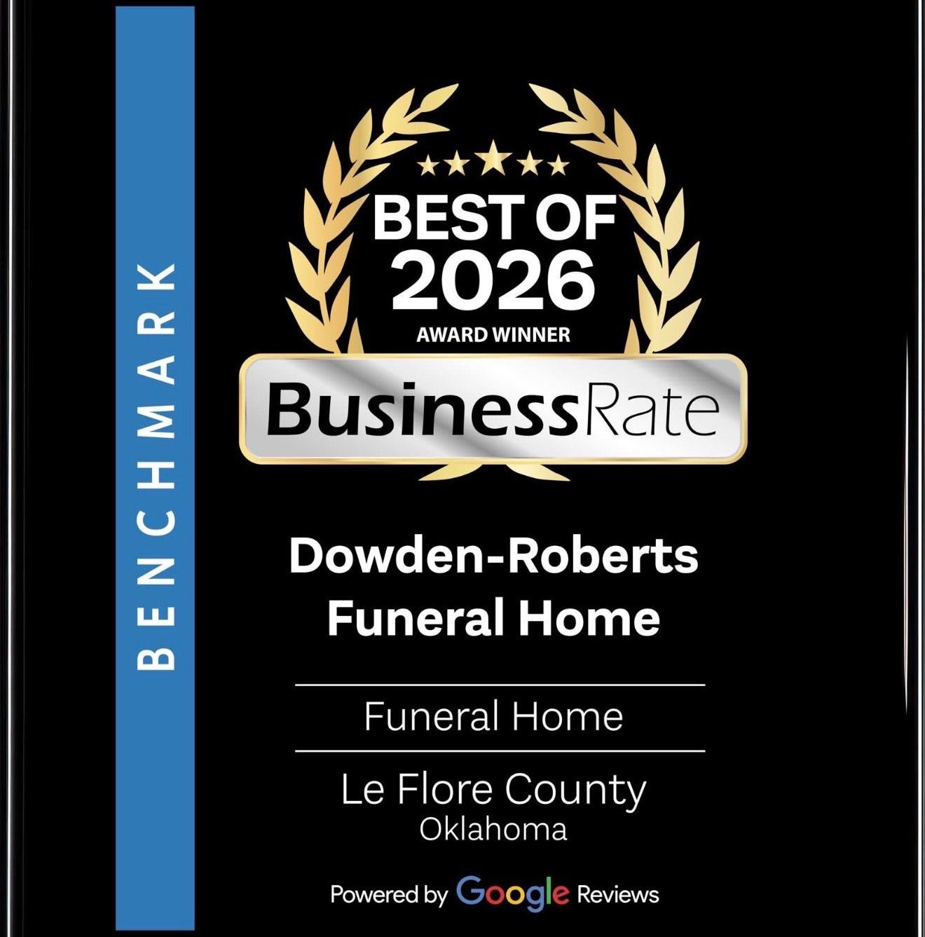 Best of 2026 BusinessRate award badge for Dowden-Roberts Funeral Home in Le Flore County, Oklahoma