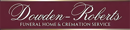 Dowden-Roberts funeral home logo on a burgundy background with elegant script and a white cross