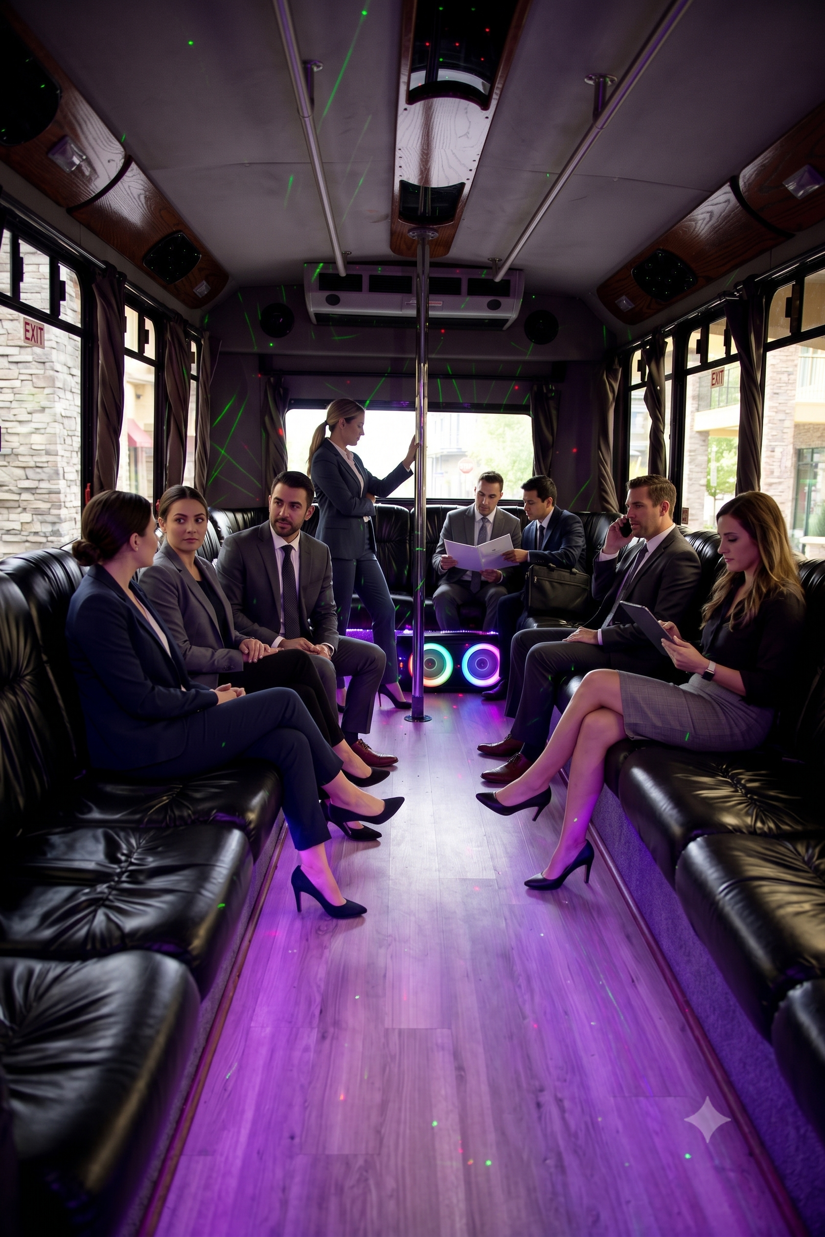 People seated facing each other inside a bus or shuttle, in formal attire.