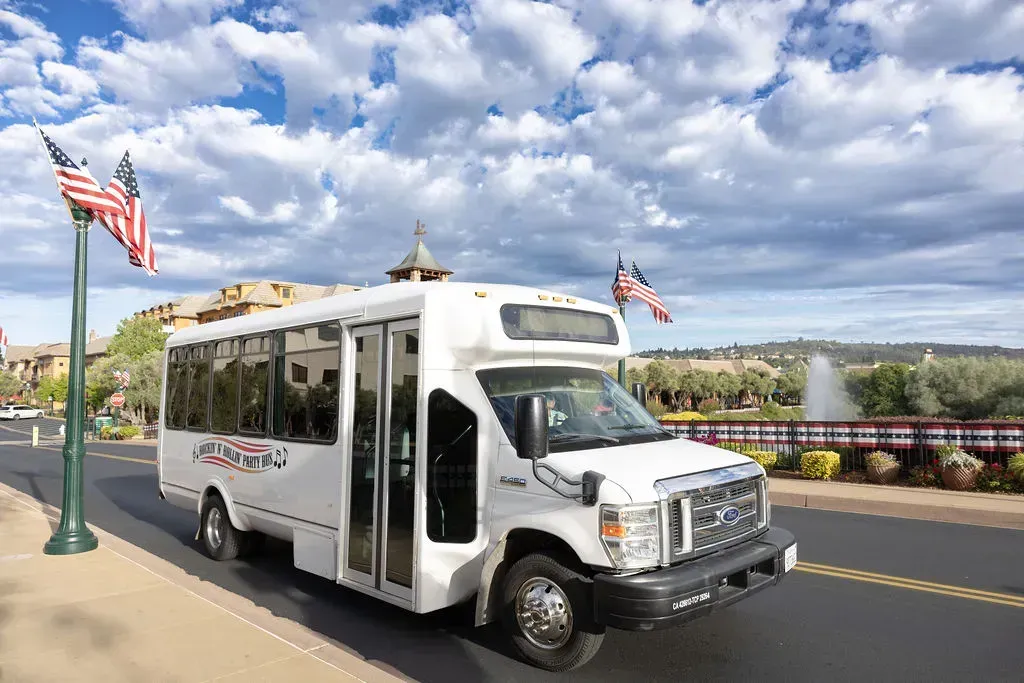 White shuttle bus on a road by the waterfront under a cloudy sky, with American flags nearby