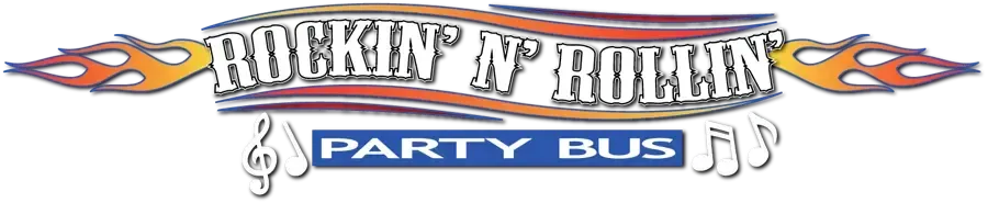 Rockin’ N Rollin’ Party Bus logo in black, white, blue, and orange with musical notes and flames
