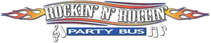Rockin’ N Rollin’ Party Bus logo in black, white, blue, and orange with musical notes and flames