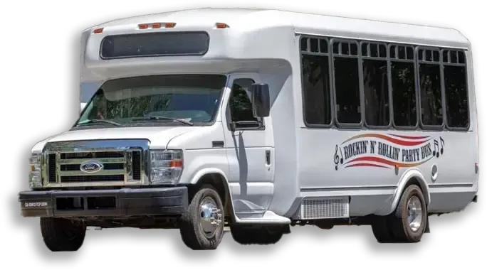 White Ford shuttle bus with tinted windows and wheelchair lift, parked on a white background