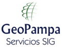 Logotipo de GeoPampa Servicios SIG con una cuadrícula de globo verde y texto azul grisáceo