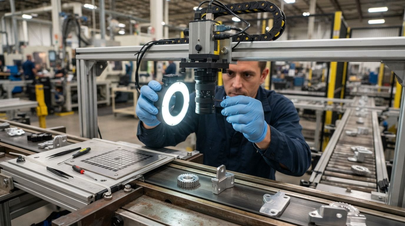 Technician inspecting machinery on a factory assembly line with blue gloves and a bright tool light