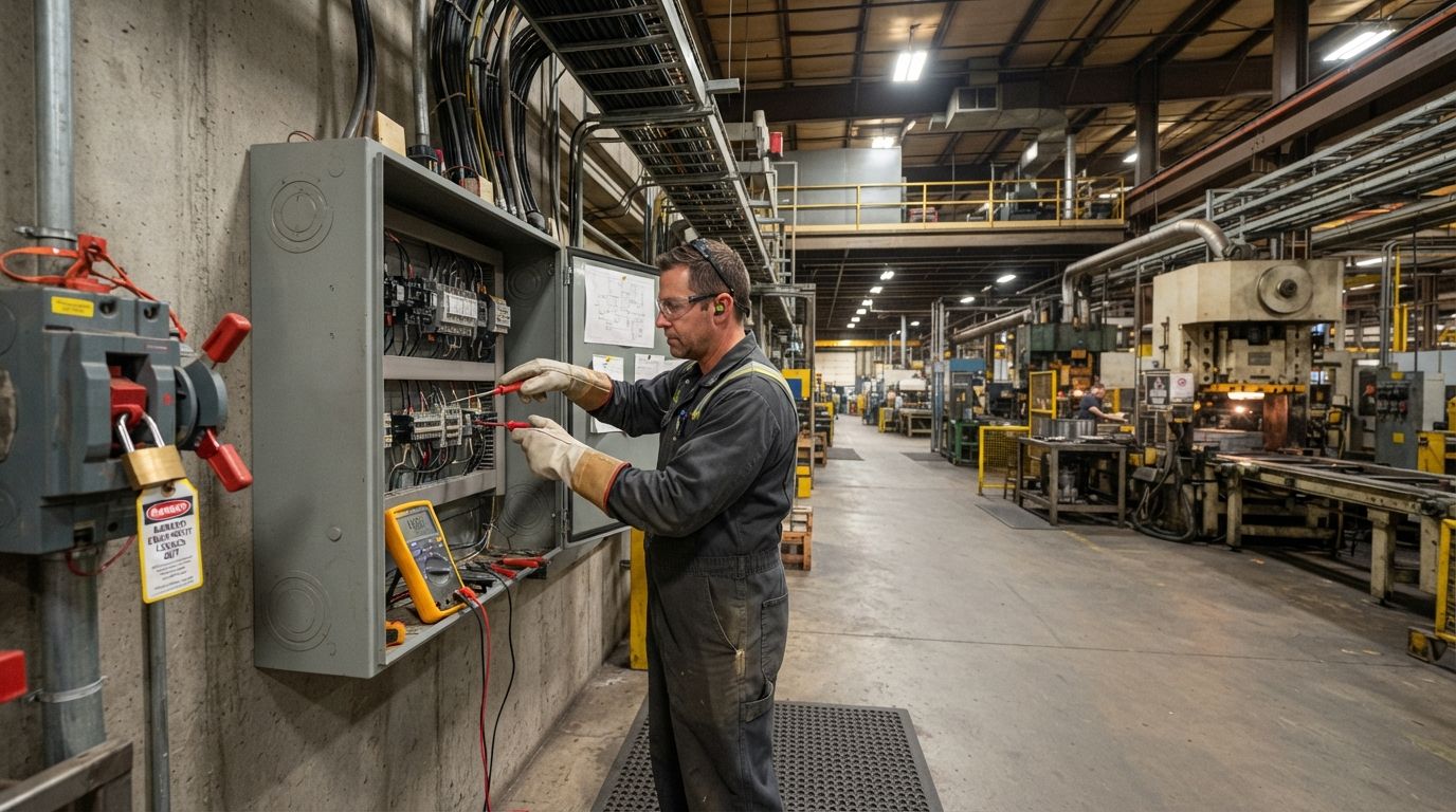 Worker operating a control panel in an industrial factory aisle with machinery and overhead pipes