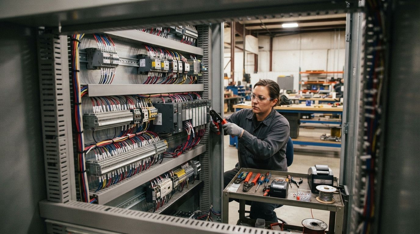 Technician inspects an open electrical control panel in a workshop, with tools and wiring visible.