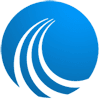 A blue circle with two white waves inside of it.