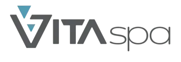 Logo for Vita Spa, with stylized gray text and a teal geometric design.