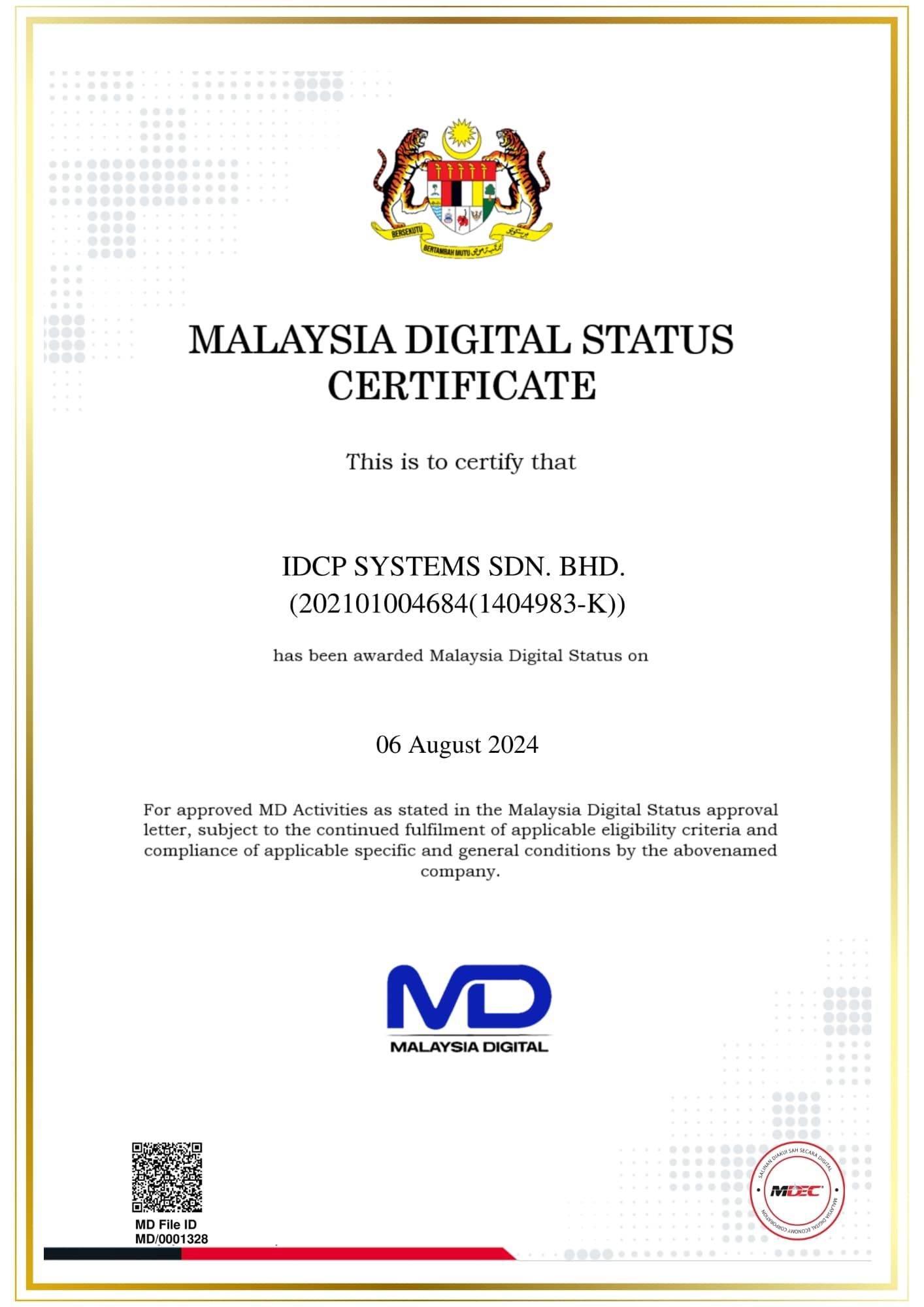 Malaysia Digital Status Certificate for IDCP SYSTEMS SDN. BHD. (201001031983 (919963-K)). Dated 18 August 2022.
