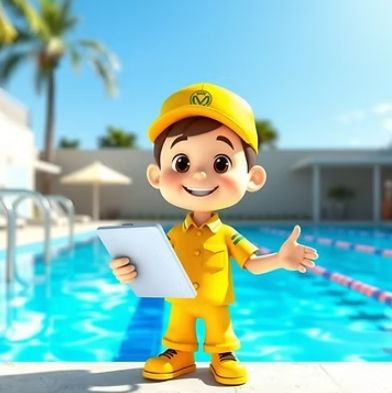 A Cartoon Character in a Yellow Uniform and Cap Holding a Tablet — Get My Pool Certified in Burleigh Waters, QLD