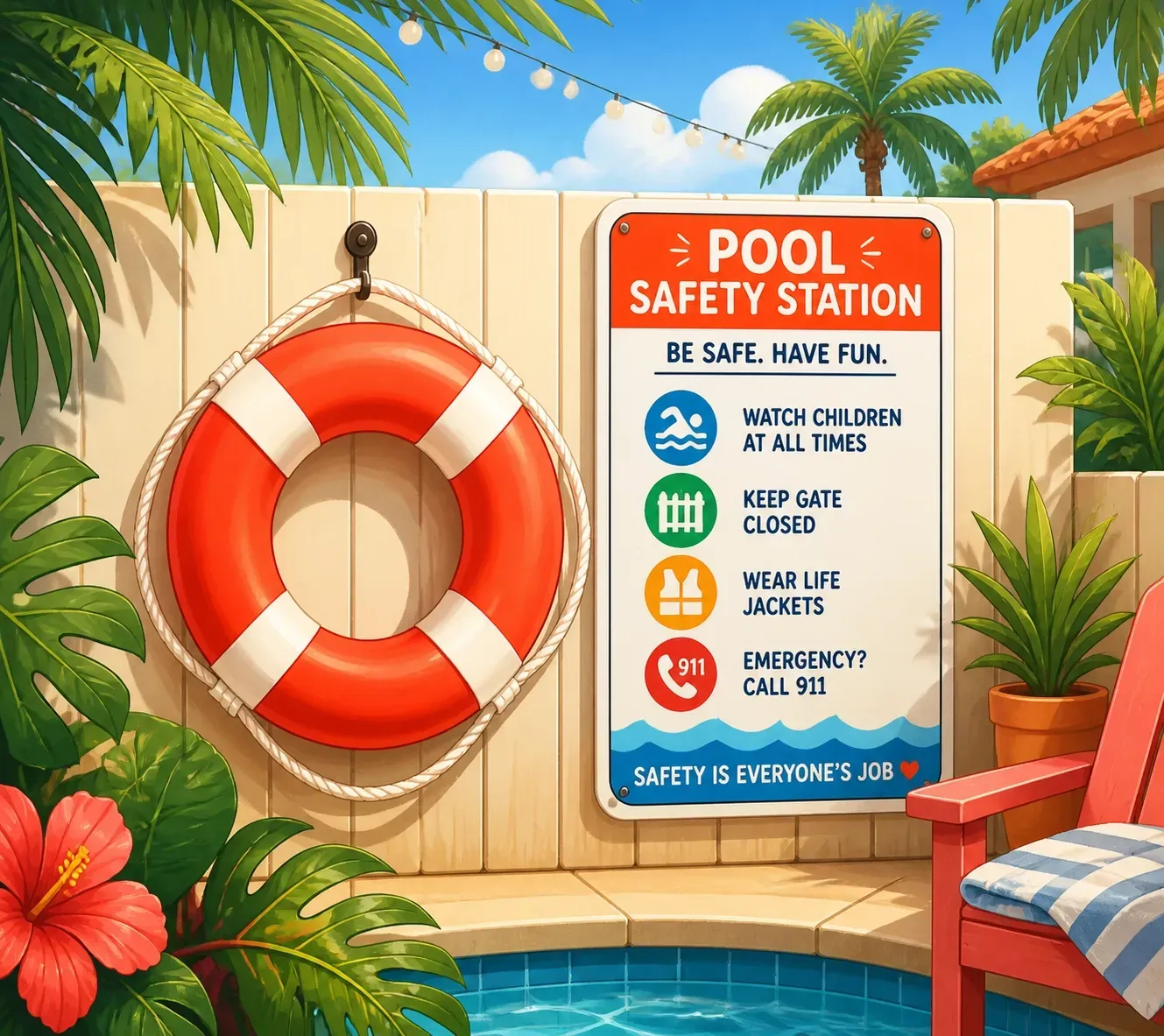 Pool Safety Sign Beside a Lifebuoy at a Sunny Tropical Poolside — Get My Pool Certified in Burleigh Waters, QLD