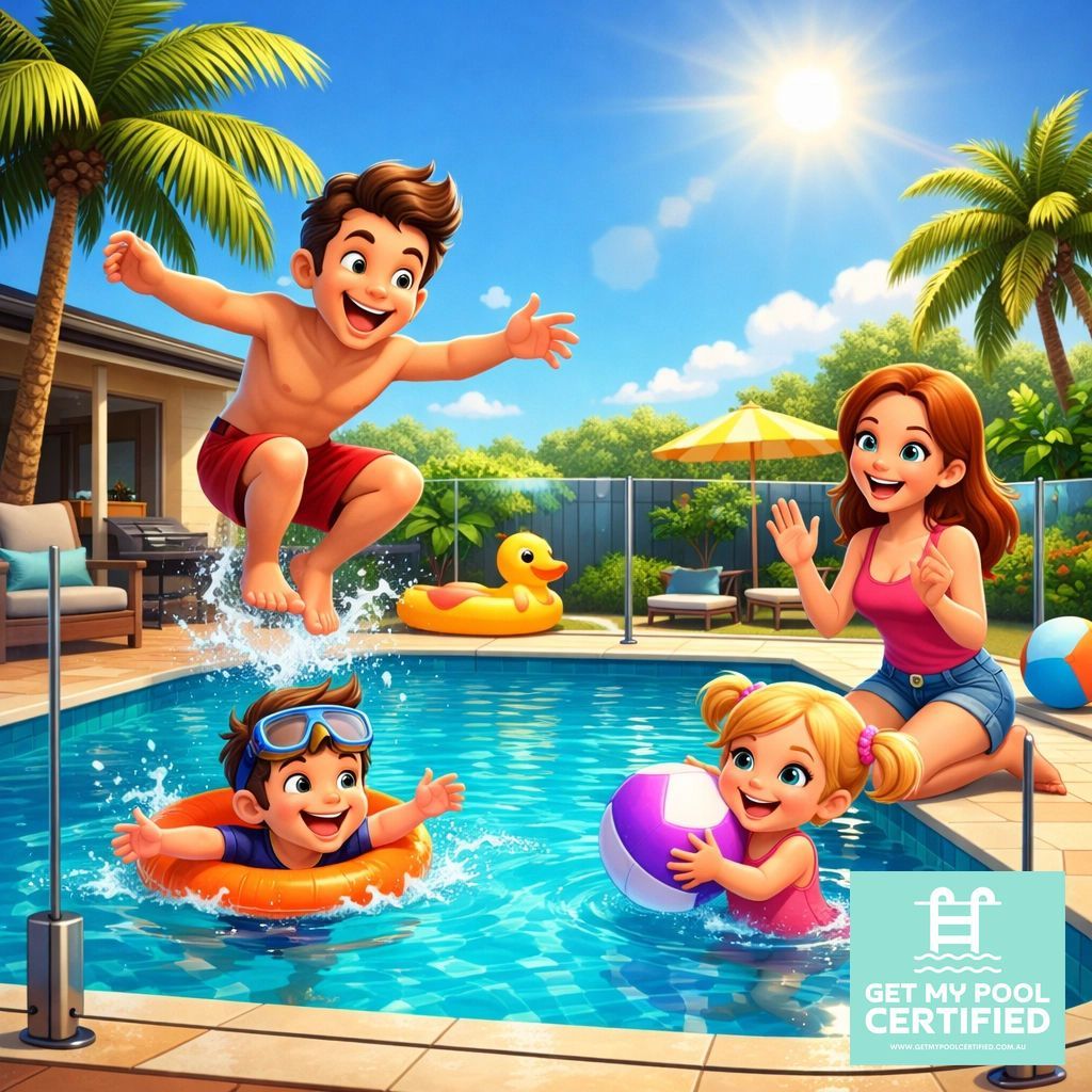 People Play and Jump Into a Backyard Swimming Pool — Get My Pool Certified in Burleigh Waters, QLD